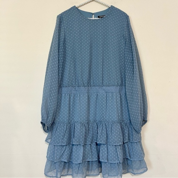 Express Blue Clip Dot Tiered Smocked Waist Long Sleeve A-Line Dress SIZE XL - Picture 1 of 6